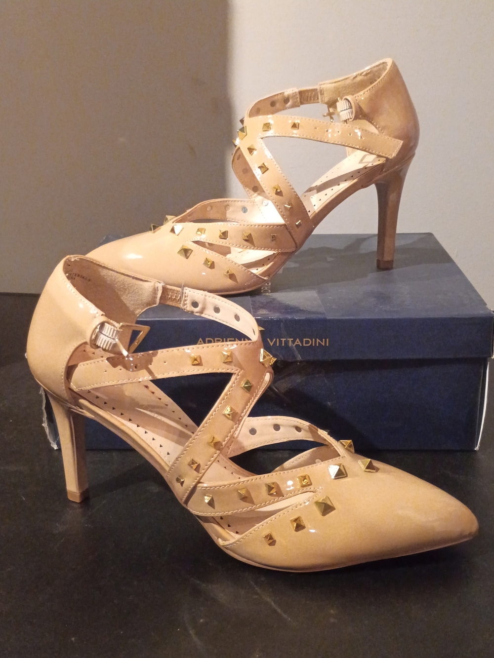 Adrienne Vittadini Nude Studded Strappy Pointed-Toe Heels